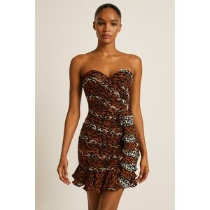 Vintage 80s 90s Lillie Rubin Animal Print Mini Dress Size 4 Ruffles Rosette